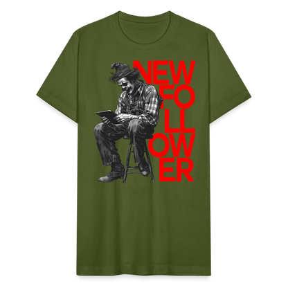 "New Follower" Vintage Clown with a Tablet Unisex Jersey T-Shirt - olive