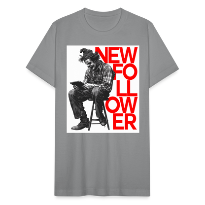 "New Follower" Vintage Clown with a Tablet Unisex Jersey T-Shirt - slate