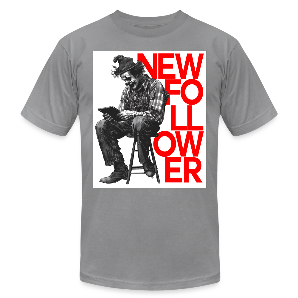 "New Follower" Vintage Clown with a Tablet Unisex Jersey T-Shirt - slate