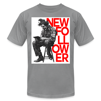 "New Follower" Vintage Clown with a Tablet Unisex Jersey T-Shirt - slate