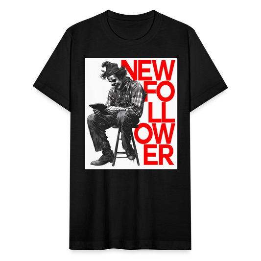 "New Follower" Vintage Clown with a Tablet Unisex Jersey T-Shirt - black