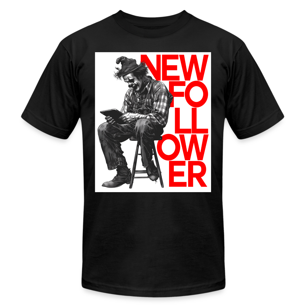 "New Follower" Vintage Clown with a Tablet Unisex Jersey T-Shirt - black