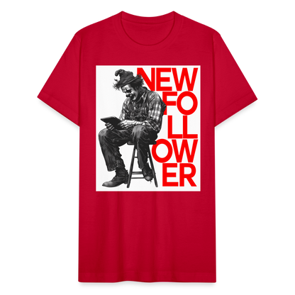 "New Follower" Vintage Clown with a Tablet Unisex Jersey T-Shirt - red