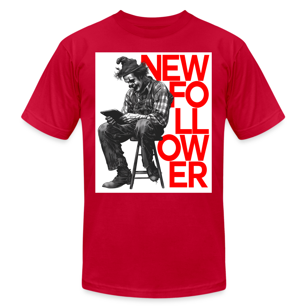 "New Follower" Vintage Clown with a Tablet Unisex Jersey T-Shirt - red