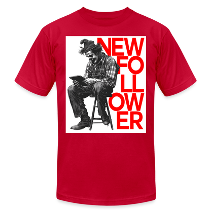 "New Follower" Vintage Clown with a Tablet Unisex Jersey T-Shirt - red