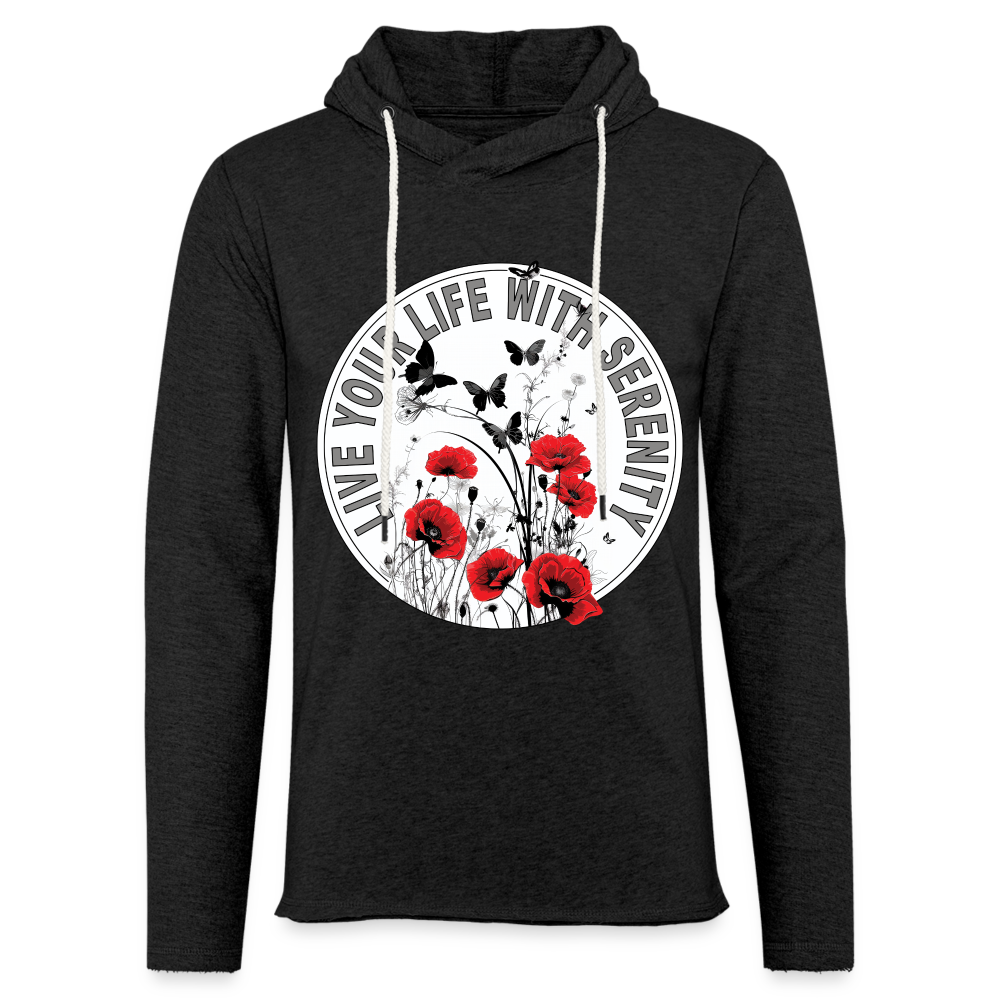 "Live Your Life With Serenity" Poppies and Butterflies Unisex Lightweight Hoodie - charcoal grey