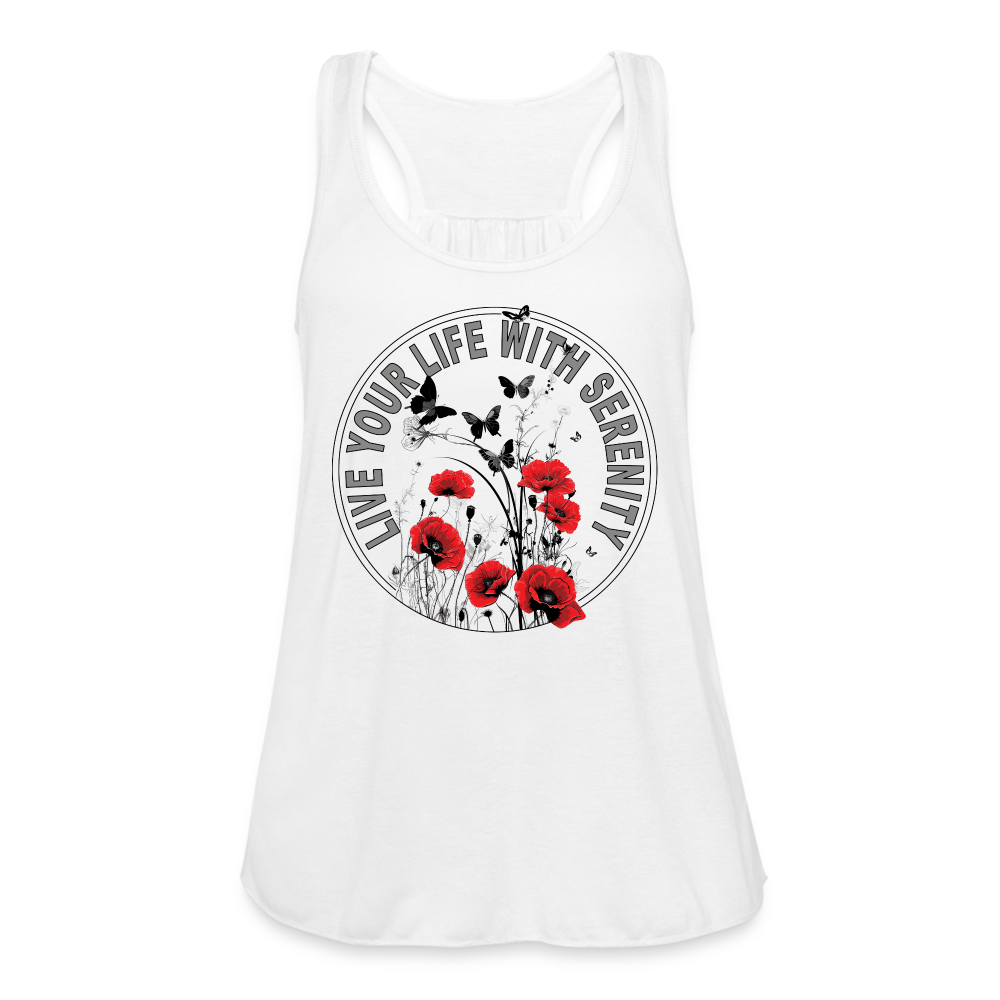 "Live Your Life With Serenity" Poppies and Butterflies White Women's Flowy Tank Top - white