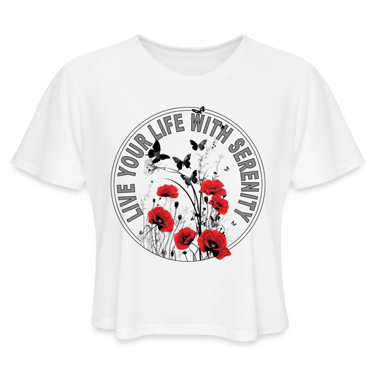 "Live Your Life With Serenity" Poppies and Butterflies White Women's Crop Top - white