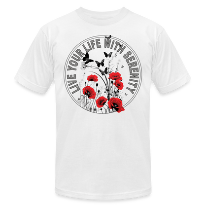 "Live Your Life With Serenity" Poppies and Butterflies Unisex Jersey T-Shirt