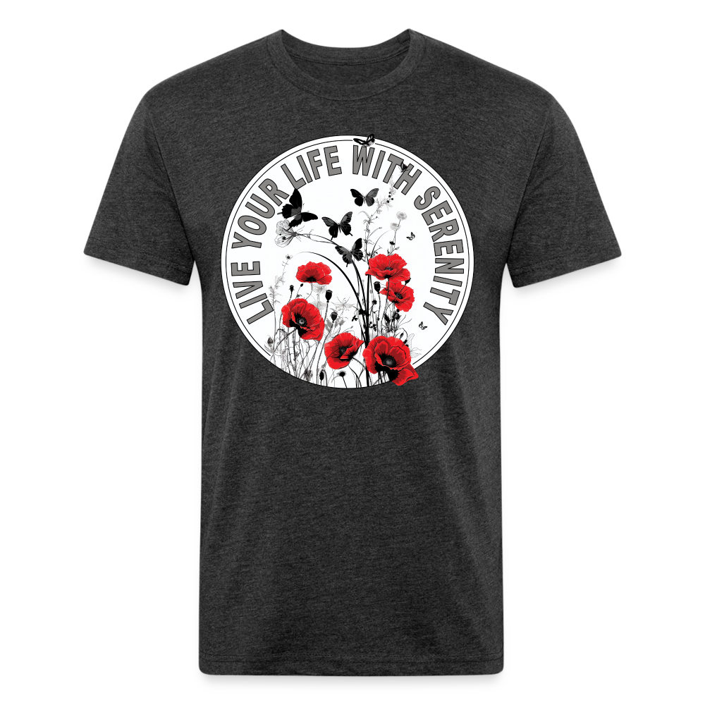 "Live Your Life With Serenity" Poppies and Butterflies Men's Cotton/Poly Fitted T-Shirt - heather black