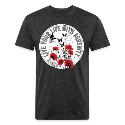 "Live Your Life With Serenity" Poppies and Butterflies Men's Cotton/Poly Fitted T-Shirt - heather black