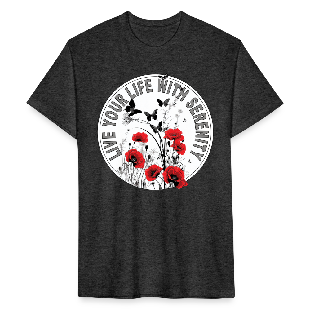 "Live Your Life With Serenity" Poppies and Butterflies Men's Cotton/Poly Fitted T-Shirt - heather black