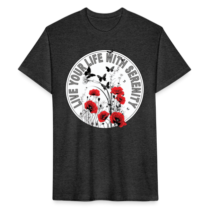 "Live Your Life With Serenity" Poppies and Butterflies Men's Cotton/Poly Fitted T-Shirt - heather black