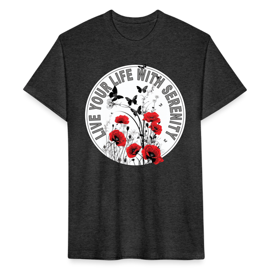 "Live Your Life With Serenity" Poppies and Butterflies Men's Cotton/Poly Fitted T-Shirt - heather black