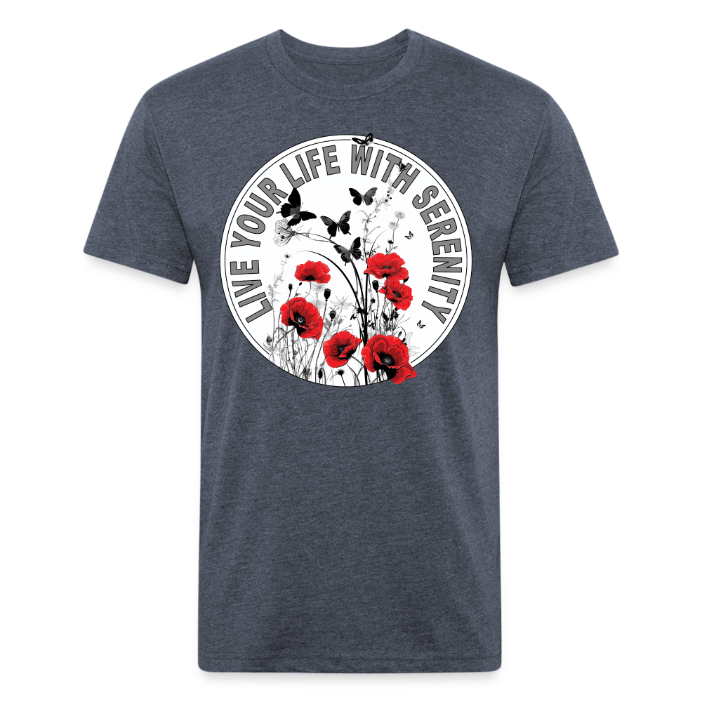 "Live Your Life With Serenity" Poppies and Butterflies Men's Cotton/Poly Fitted T-Shirt - heather navy