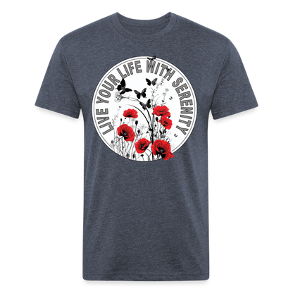 "Live Your Life With Serenity" Poppies and Butterflies Men's Cotton/Poly Fitted T-Shirt - heather navy