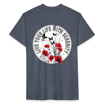 "Live Your Life With Serenity" Poppies and Butterflies Men's Cotton/Poly Fitted T-Shirt - heather navy