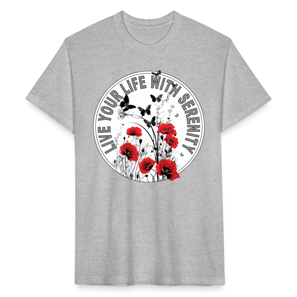 "Live Your Life With Serenity" Poppies and Butterflies Men's Cotton/Poly Fitted T-Shirt - heather gray