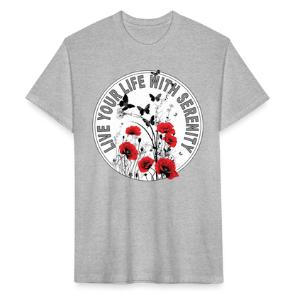 "Live Your Life With Serenity" Poppies and Butterflies Men's Cotton/Poly Fitted T-Shirt - heather gray