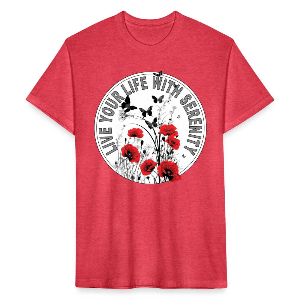 "Live Your Life With Serenity" Poppies and Butterflies Men's Cotton/Poly Fitted T-Shirt - heather red