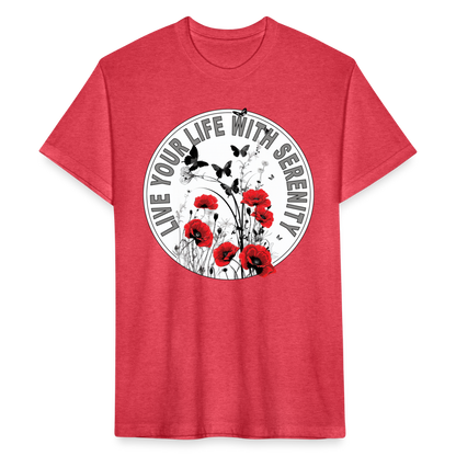 "Live Your Life With Serenity" Poppies and Butterflies Men's Cotton/Poly Fitted T-Shirt - heather red