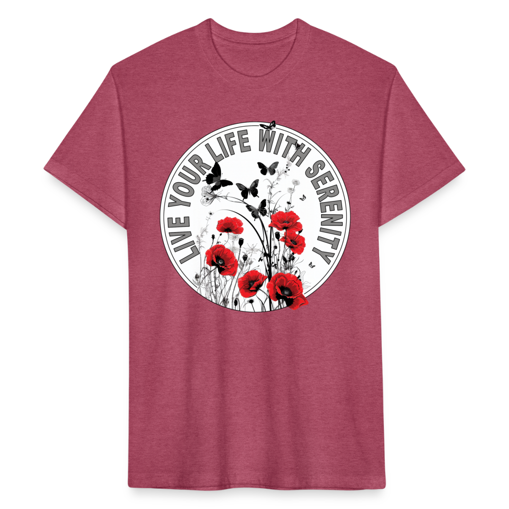 "Live Your Life With Serenity" Poppies and Butterflies Men's Cotton/Poly Fitted T-Shirt - heather burgundy