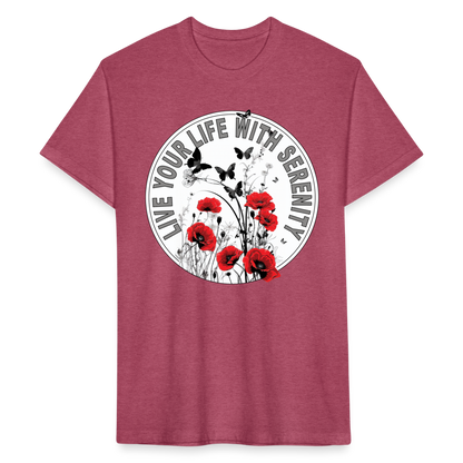 "Live Your Life With Serenity" Poppies and Butterflies Men's Cotton/Poly Fitted T-Shirt - heather burgundy