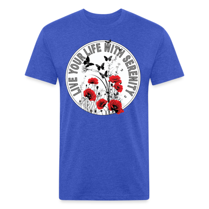 "Live Your Life With Serenity" Poppies and Butterflies Men's Cotton/Poly Fitted T-Shirt - heather royal