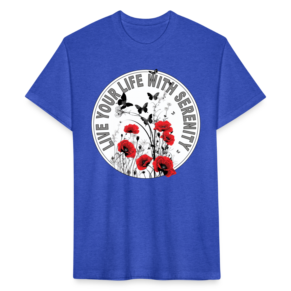 "Live Your Life With Serenity" Poppies and Butterflies Men's Cotton/Poly Fitted T-Shirt - heather royal