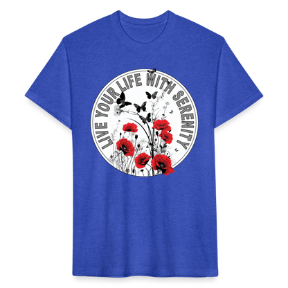 "Live Your Life With Serenity" Poppies and Butterflies Men's Cotton/Poly Fitted T-Shirt - heather royal