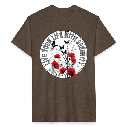 "Live Your Life With Serenity" Poppies and Butterflies Men's Cotton/Poly Fitted T-Shirt - heather espresso