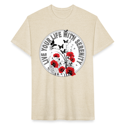 "Live Your Life With Serenity" Poppies and Butterflies Men's Cotton/Poly Fitted T-Shirt - heather cream