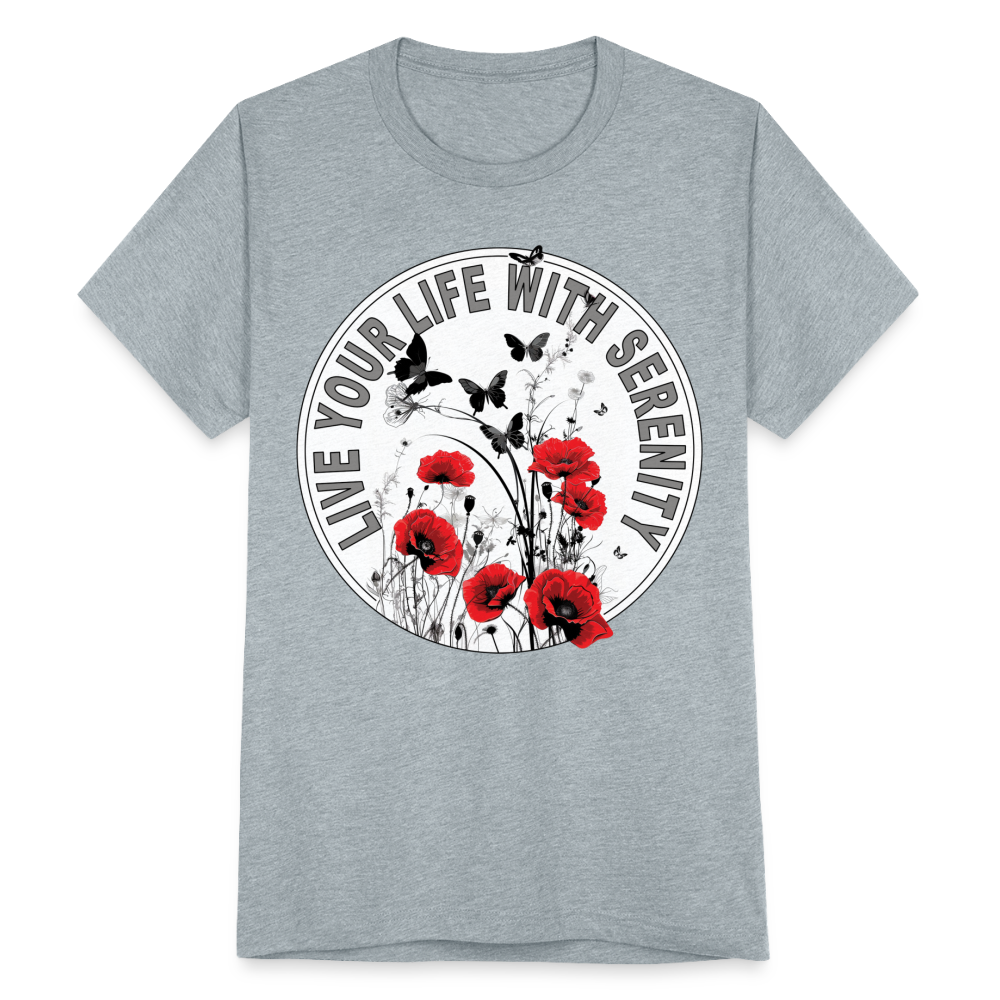 "Live Your Life With Serenity" Poppies and Butterflies Unisex Tri-Blend T-Shirt - heather grey