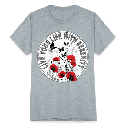 "Live Your Life With Serenity" Poppies and Butterflies Unisex Tri-Blend T-Shirt - heather grey