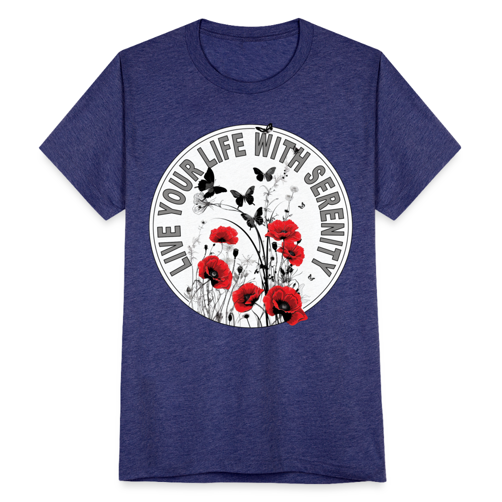 "Live Your Life With Serenity" Poppies and Butterflies Unisex Tri-Blend T-Shirt - heather indigo