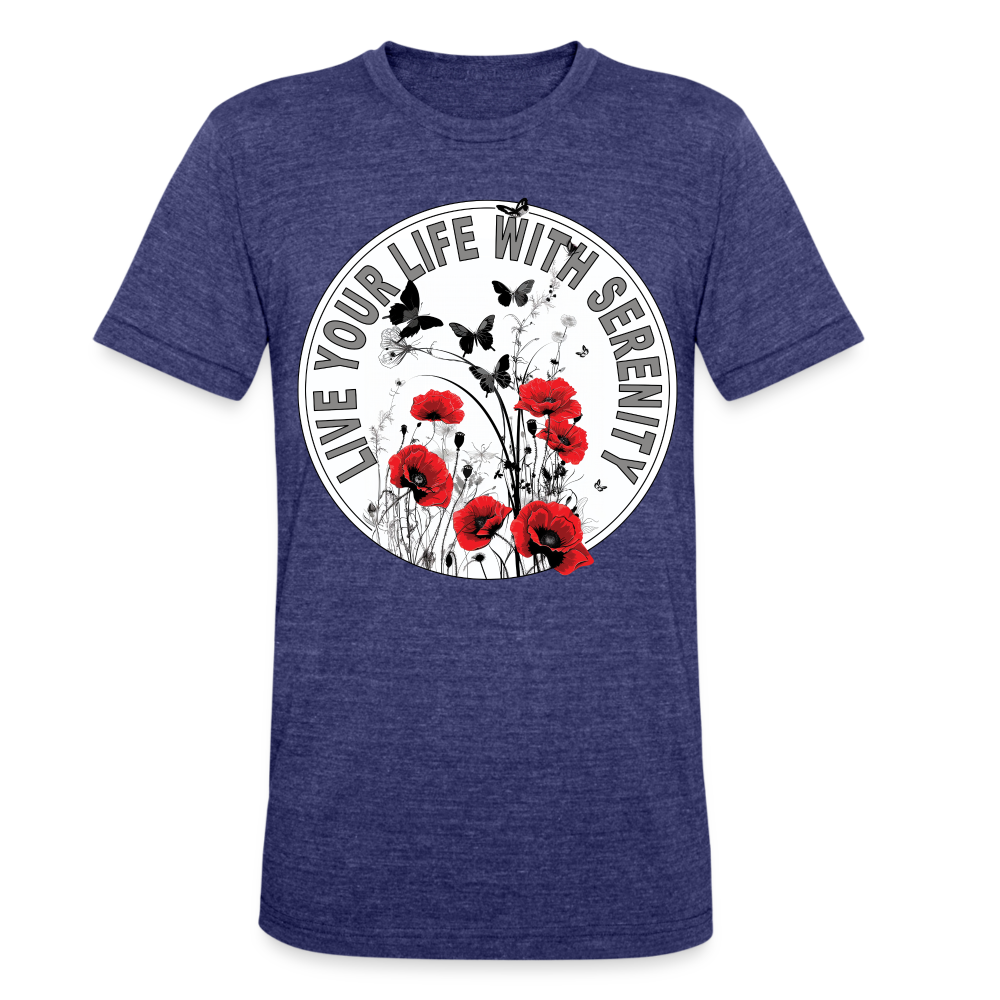 "Live Your Life With Serenity" Poppies and Butterflies Unisex Tri-Blend T-Shirt - heather indigo