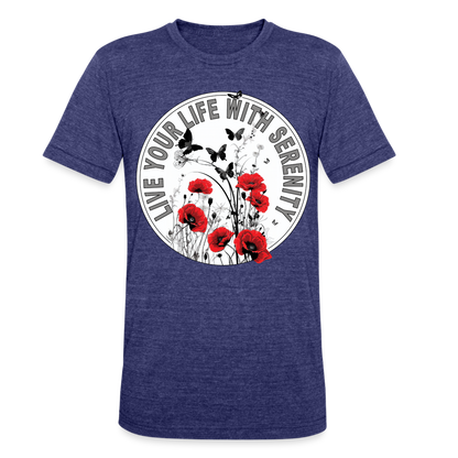 "Live Your Life With Serenity" Poppies and Butterflies Unisex Tri-Blend T-Shirt - heather indigo