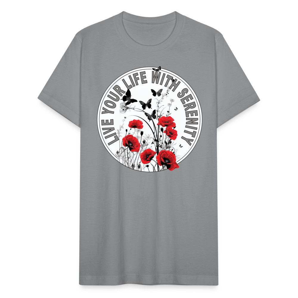 "Live Your Life With Serenity" Poppies and Butterflies Unisex Jersey T-Shirt - slate