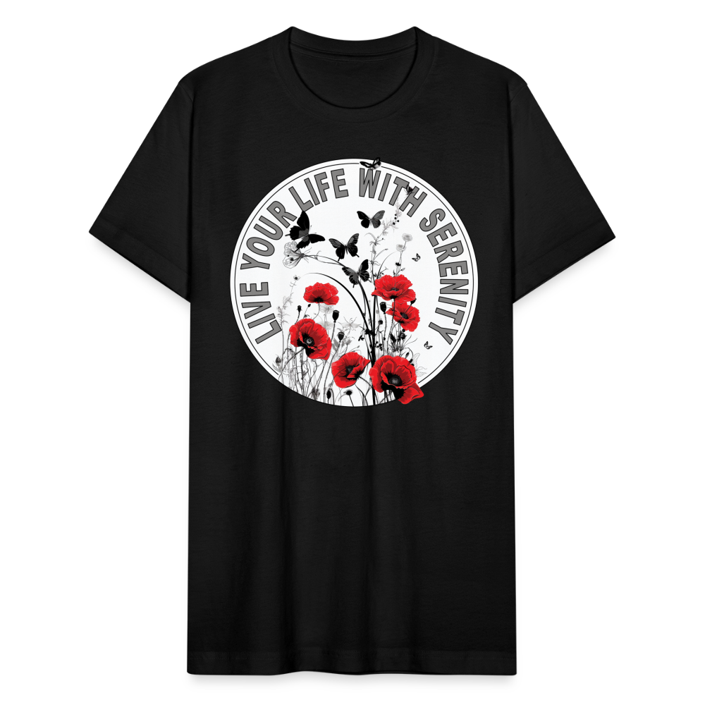 "Live Your Life With Serenity" Poppies and Butterflies Unisex Jersey T-Shirt - black