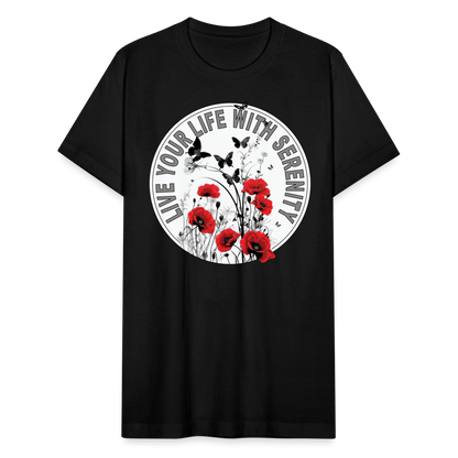 "Live Your Life With Serenity" Poppies and Butterflies Unisex Jersey T-Shirt - black