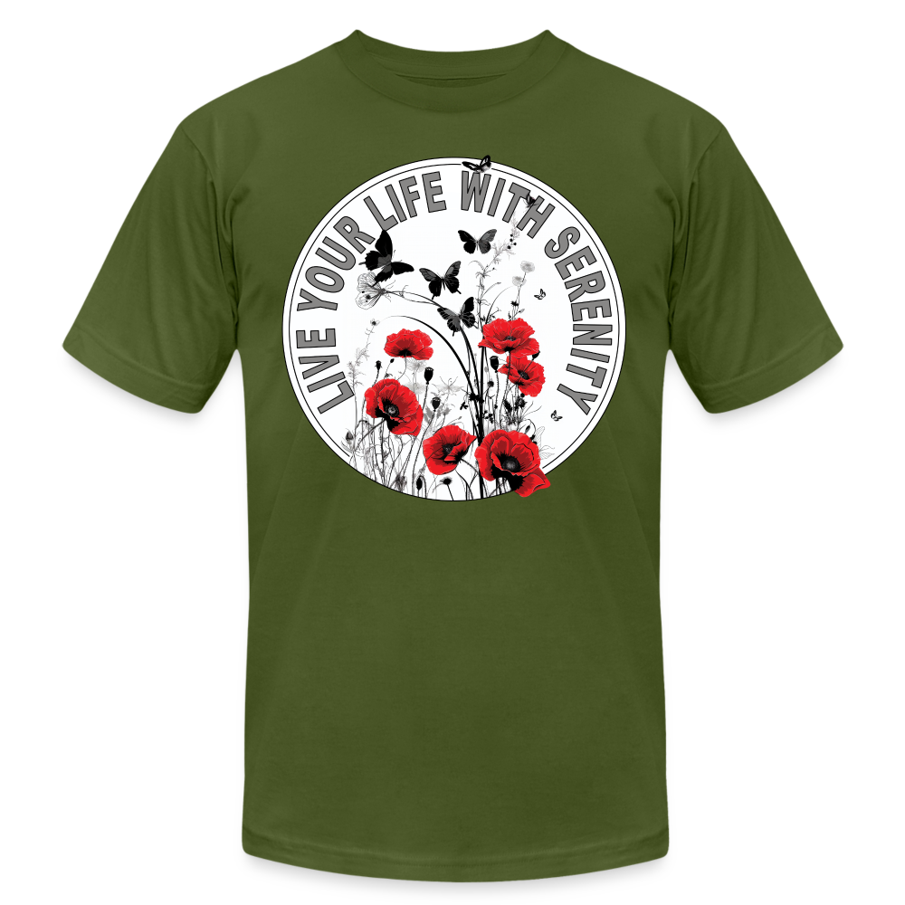 "Live Your Life With Serenity" Poppies and Butterflies Unisex Jersey T-Shirt - olive