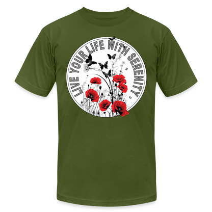 "Live Your Life With Serenity" Poppies and Butterflies Unisex Jersey T-Shirt - olive