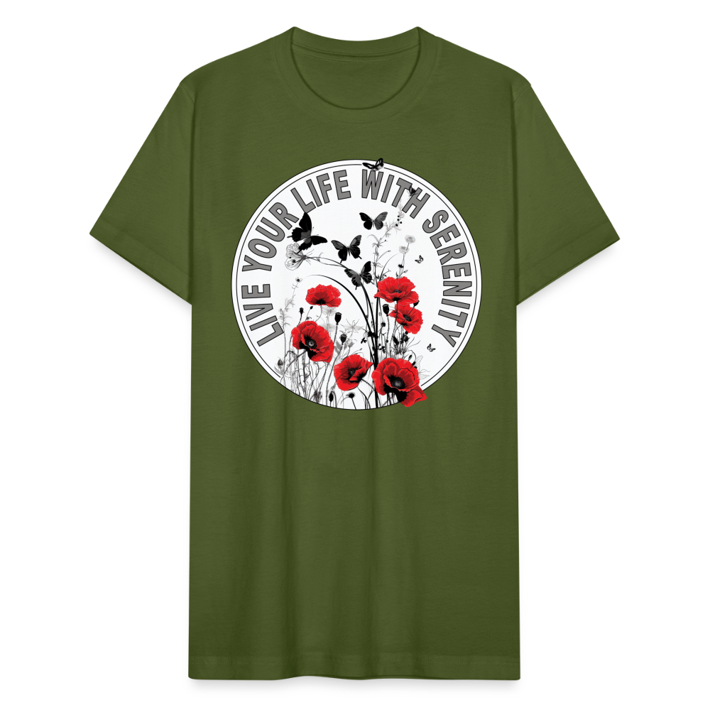 "Live Your Life With Serenity" Poppies and Butterflies Unisex Jersey T-Shirt - olive