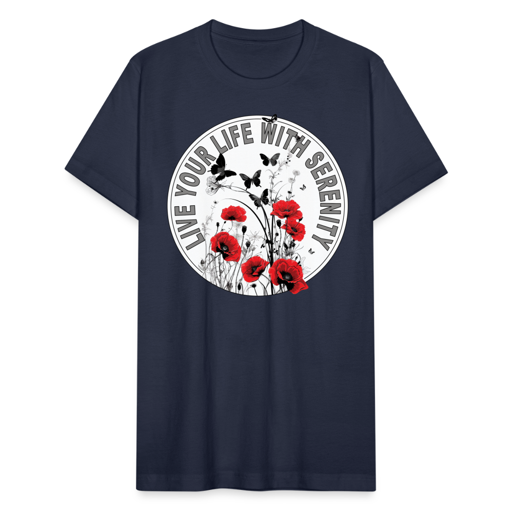 "Live Your Life With Serenity" Poppies and Butterflies Unisex Jersey T-Shirt - navy