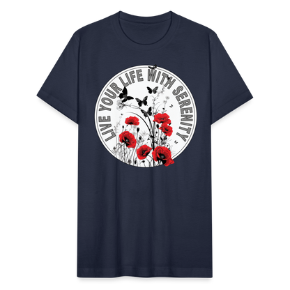 "Live Your Life With Serenity" Poppies and Butterflies Unisex Jersey T-Shirt - navy