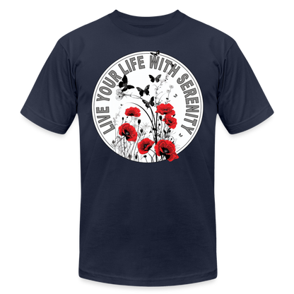 "Live Your Life With Serenity" Poppies and Butterflies Unisex Jersey T-Shirt - navy