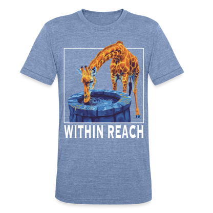 "Within Reach" Inspirational Giraffe Drinking From Wishing Well Unisex Tri-Blend T-Shirt - heather blue