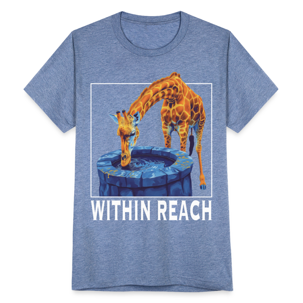 "Within Reach" Inspirational Giraffe Drinking From Wishing Well Unisex Tri-Blend T-Shirt - heather blue