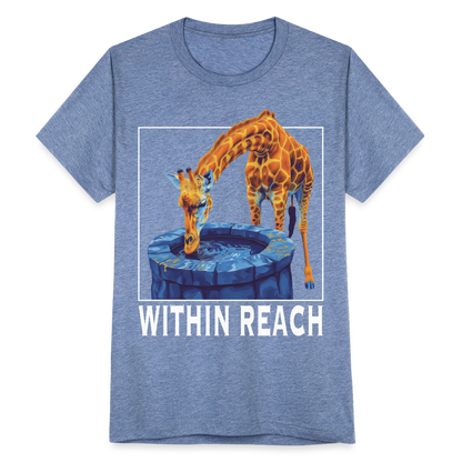 "Within Reach" Inspirational Giraffe Drinking From Wishing Well Unisex Tri-Blend T-Shirt - heather blue