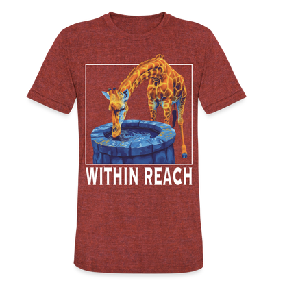 "Within Reach" Inspirational Giraffe Drinking From Wishing Well Unisex Tri-Blend T-Shirt - heather cranberry